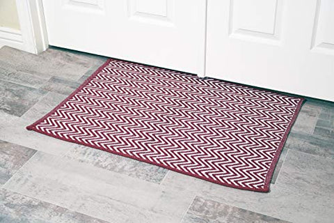 Burgundy Red & White Cotton Door mat Rug Indoor Outdoor - 2x3' Zig Zag Entrance Entryway Rug Non Slip Kitchen Bath Mat Home Décor, (24 x 36)