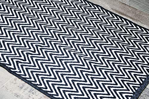 Black & White Cotton Door mat Rug Indoor Outdoor - 2x3' Zig Zag Entrance Entryway Rug Non Slip Kitchen Bath Mat Home Décor, (24 x 36)