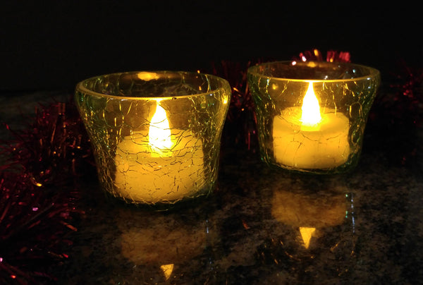 Crackle Glass Votive Tea Light Candle Holder-Green Set of 2