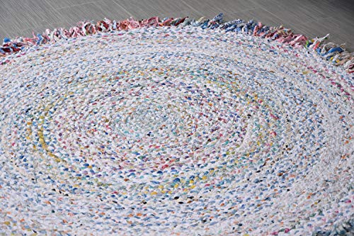 MystiqueDecors 5 ft Multicolor Round Area Rug for Living Room Pastel Braided Non-Slip Reversible Cotton Chindi Handwoven Rug with Loose Fabric tussels 5'