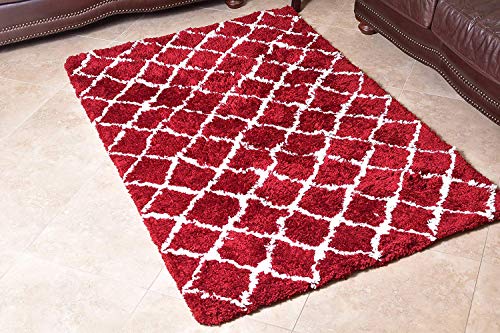 MystiqueDecors Shaggy 4 X 6' Maroon/Red & White Moroccan Trellis Design Shag Rug Soft Contemprary Living Room, Bedroom Handmade Microfiber Area Rug