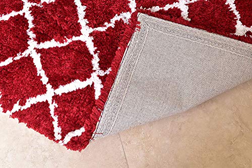 MystiqueDecors Shaggy 4 X 6' Maroon/Red & White Moroccan Trellis Design Shag Rug Soft Contemprary Living Room, Bedroom Handmade Microfiber Area Rug