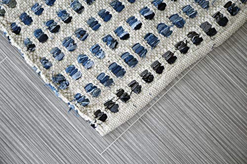 MystiqueDecors 4x6' Rug for Living Room - Natural White & Blue Checkered Indoor Non-Slip Eco-Friendly 100% Denim & Cotton Chindi Area Rug (48 X 72)