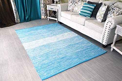 MystiqueDecors 5x7' Area Rug Turquoise Blue & White for Living Room - Indoor Outdoor Reversible Eco Friendly 100% Recycled Cotton Chindi Rug (63"x90")