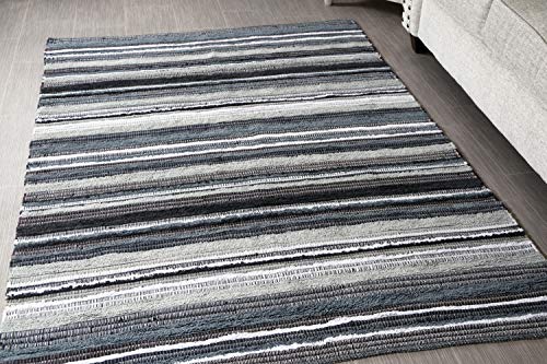 MystiqueDecors 5x7' Area Rug for Living Room - Grey & Black Indoor Non-Slip Eco-Friendly 100% Recycled Cotton Chindi Rug (60 X 84)