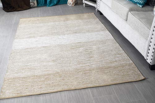 MystiqueDecors 5x7' Area Rug Beige & White for Living Room - Indoor Outdoor Reversible Eco Friendly 100% Recycled Cotton Chindi Rug (63"x90")