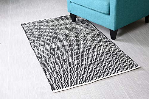 MystiqueDecors 3x5' Rug for Living Room - Natural White & Black Diamond Hand Woven Design Indoor Non-Slip Eco-Friendly 100% Cotton Area Rug (36 X 60)