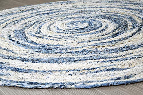 5 ft Blue & Natural White Denim Cotton Round Rug