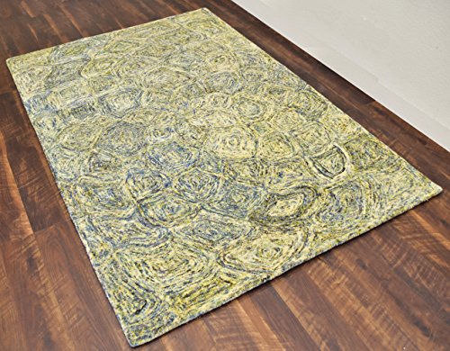 MystiqueDecors 5x8' Area Rug Hand Tufted Blue Green Yellow Tone Wool Abstract Carpet Family Living & Dining Room Bedroom Woolen Rugs