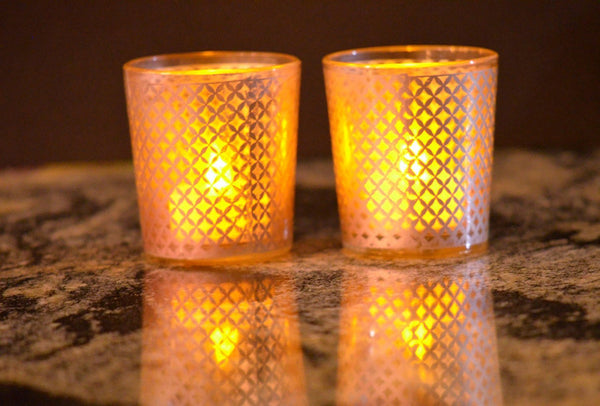 Tealight Votive Glass Candle Holders Lattice Finish-Brown Set of 4
