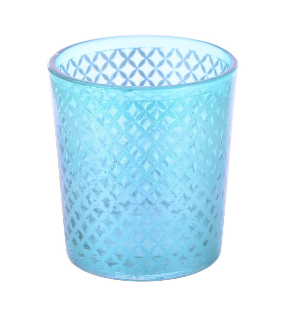 Tealight Votive Glass Candle Holders Lattice Finish-Blue Set of 2