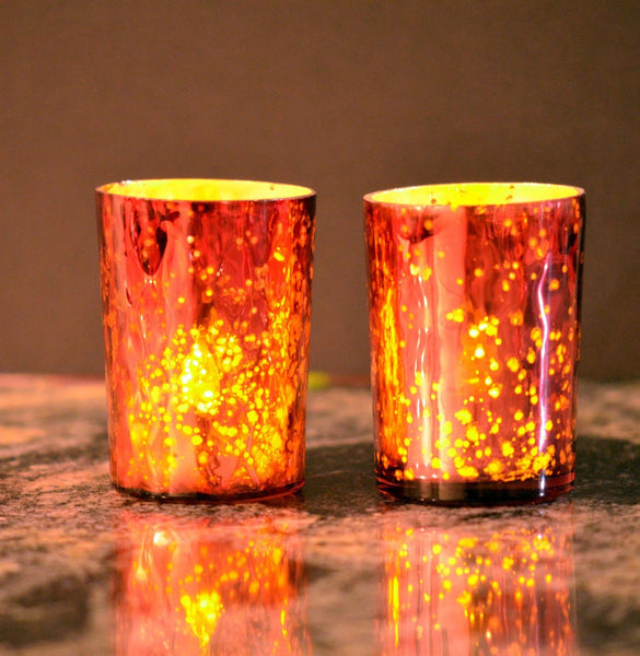 Mercury Finish Tea Light Votive Candle Holders-Red Set of 2