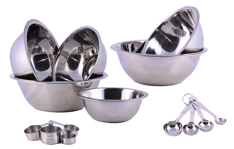 Cuissentials Stainless Steel Kitchen Mixing Bowls - Set of 6 & 4 Pieces Measuring Spoons & Measuring Cups