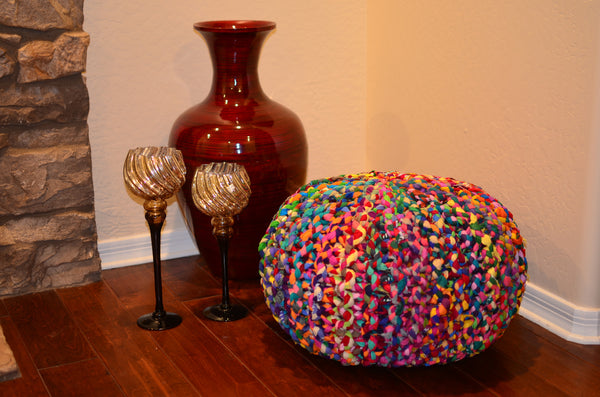 Pouf & Ottoman Round Cotton Braided Footstool Multi color Size 16''x 20"